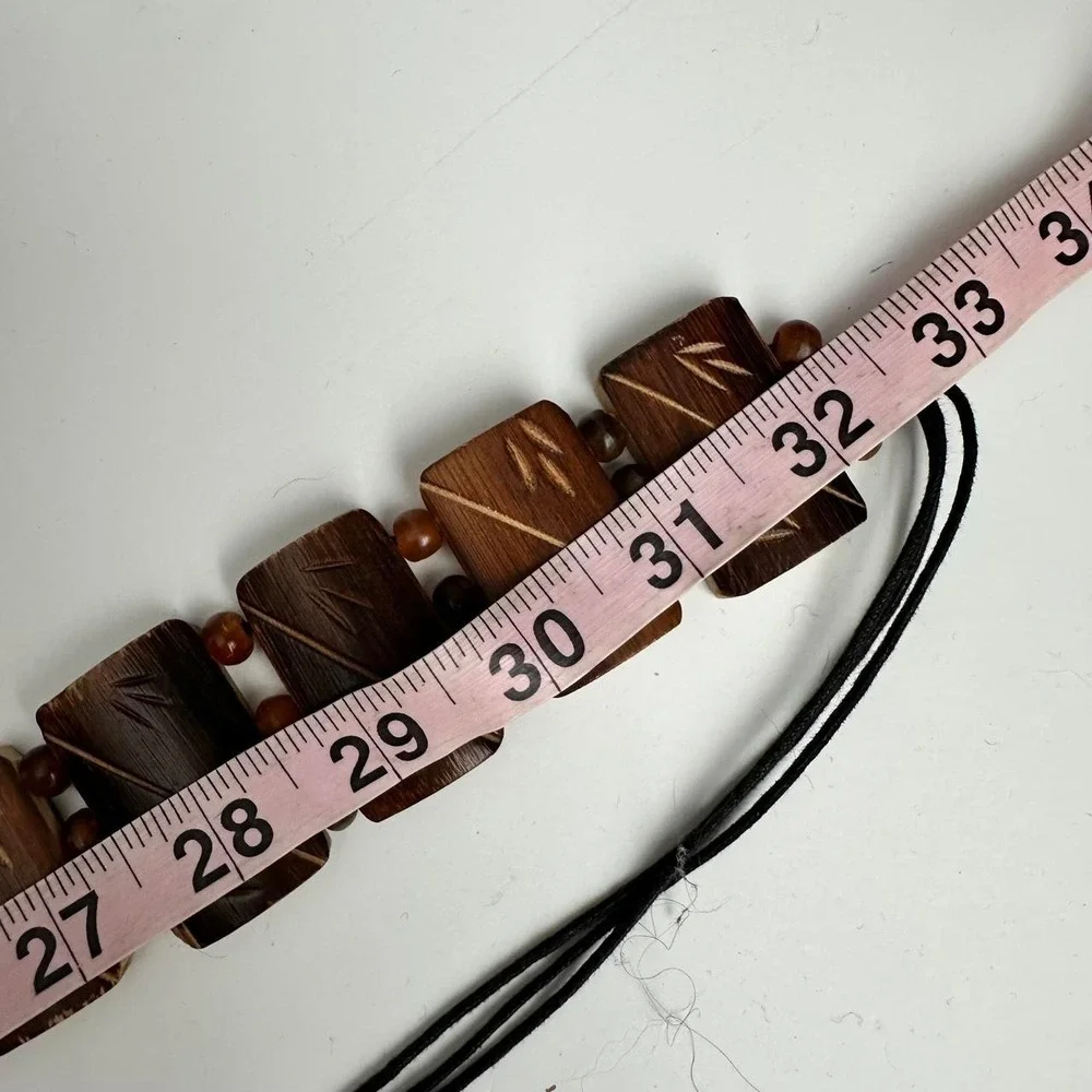 Vintage Wooden Bead Belt Dark Brown Etched Boho Festival Western